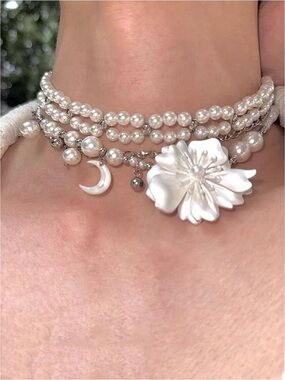 Pearl Necklace Set of 2|Flower Moon Charm + Triple Strand Choker|Coquette Bridal
